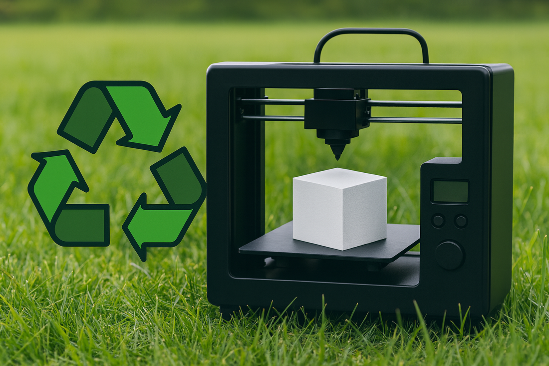 A modern 3D printer sitting on a green grass field with a recycling symbol beside it, representing eco-friendly 3D printing and sustainable manufacturing by AOI Designs and HexPro3D.