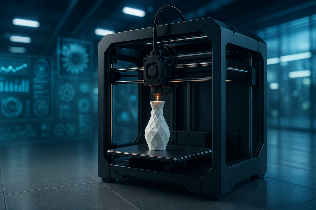 A futuristic 3D printer creating a geometric object in a high-tech manufacturing lab with glowing blue holographic displays, representing innovation and the future of 3D printing technology by AOI Designs and HexPro3D.