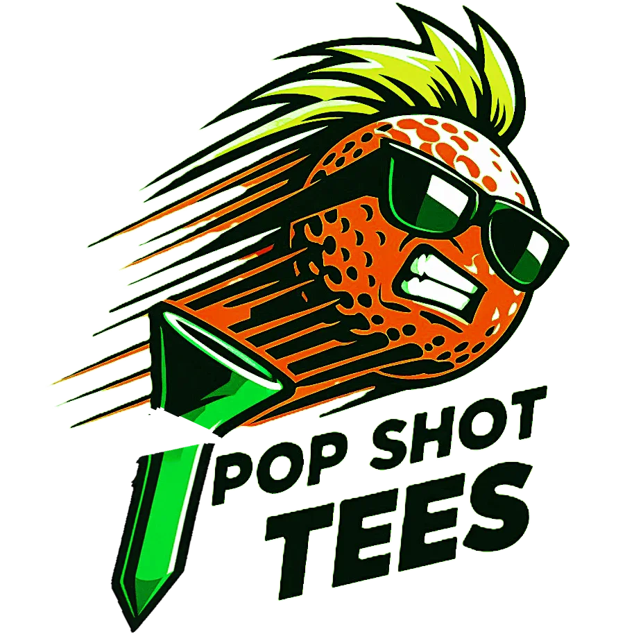 Pop Shot Tee logo illustrating the golf ball as a cool, stylish head flying off a tee with its head broken off