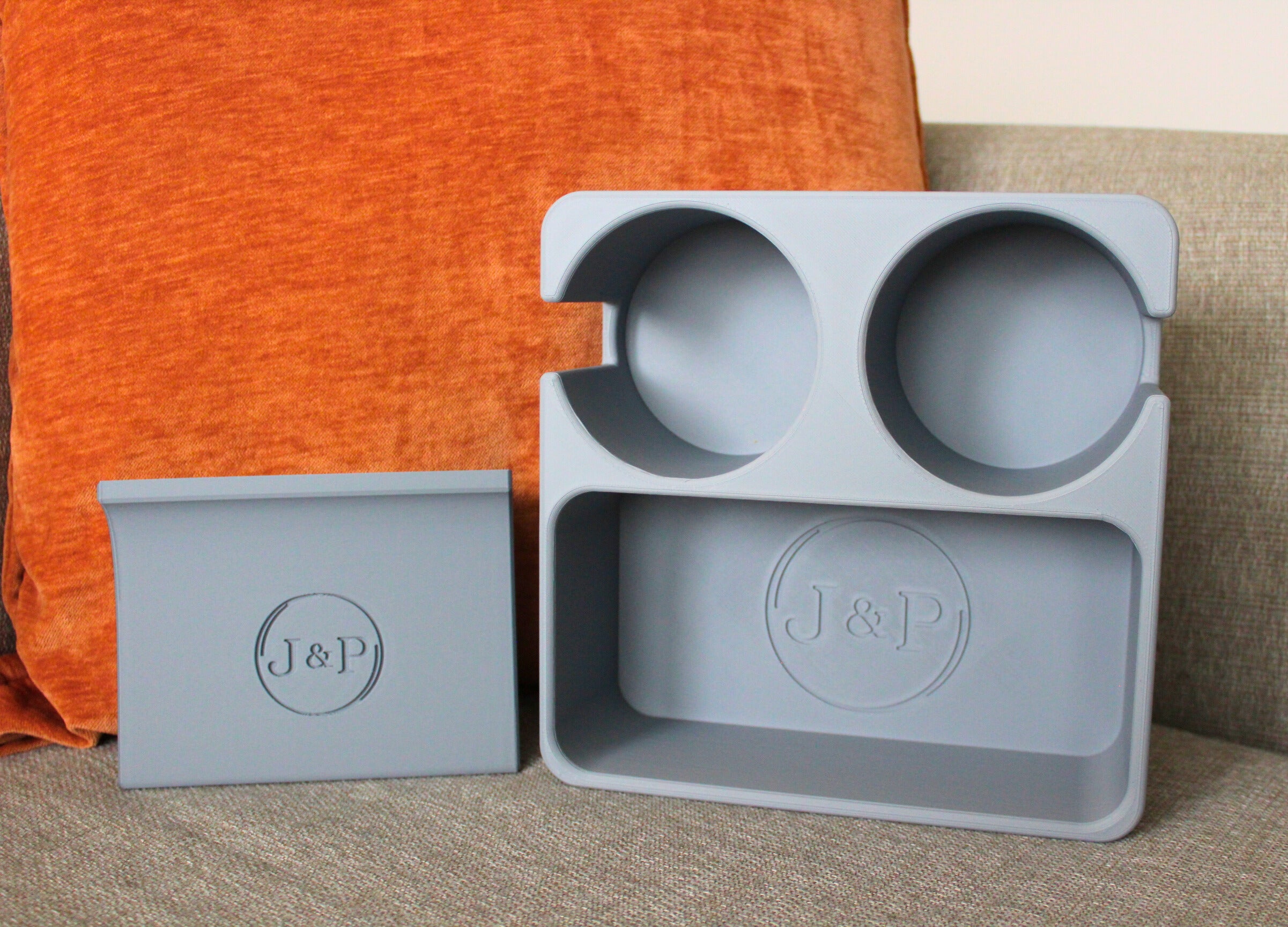 J&P Home Goods Magnetic Double Couch Cup Holder & Organizer Tray – No Spill Sofa Caddy with Cushion Insert Base – Holds Large Water Bottles, Mugs & Remotes – Includes Free Swivel Phone & Can Holder