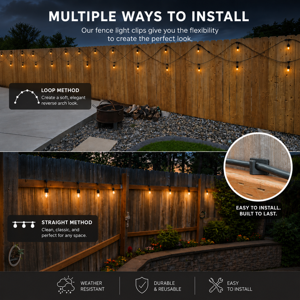 Patio Light Clips for Wood Fence — 25 Pack | No Tools, No Screws, No Adhesive