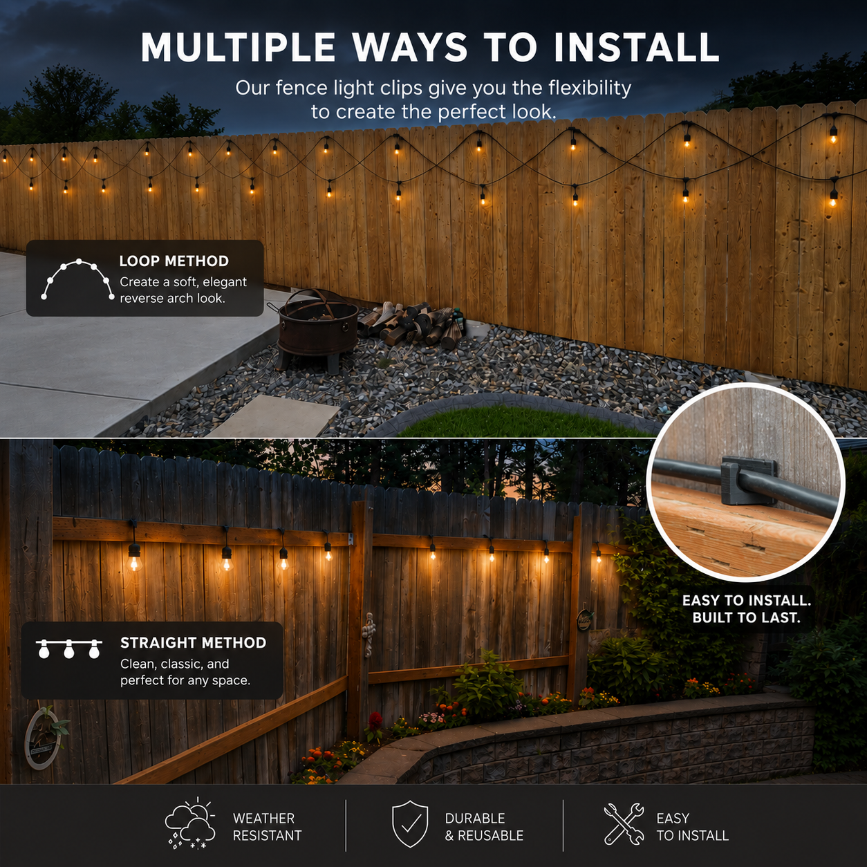 Patio Light Clips for Wood Fence — 25 Pack | No Tools, No Screws, No Adhesive