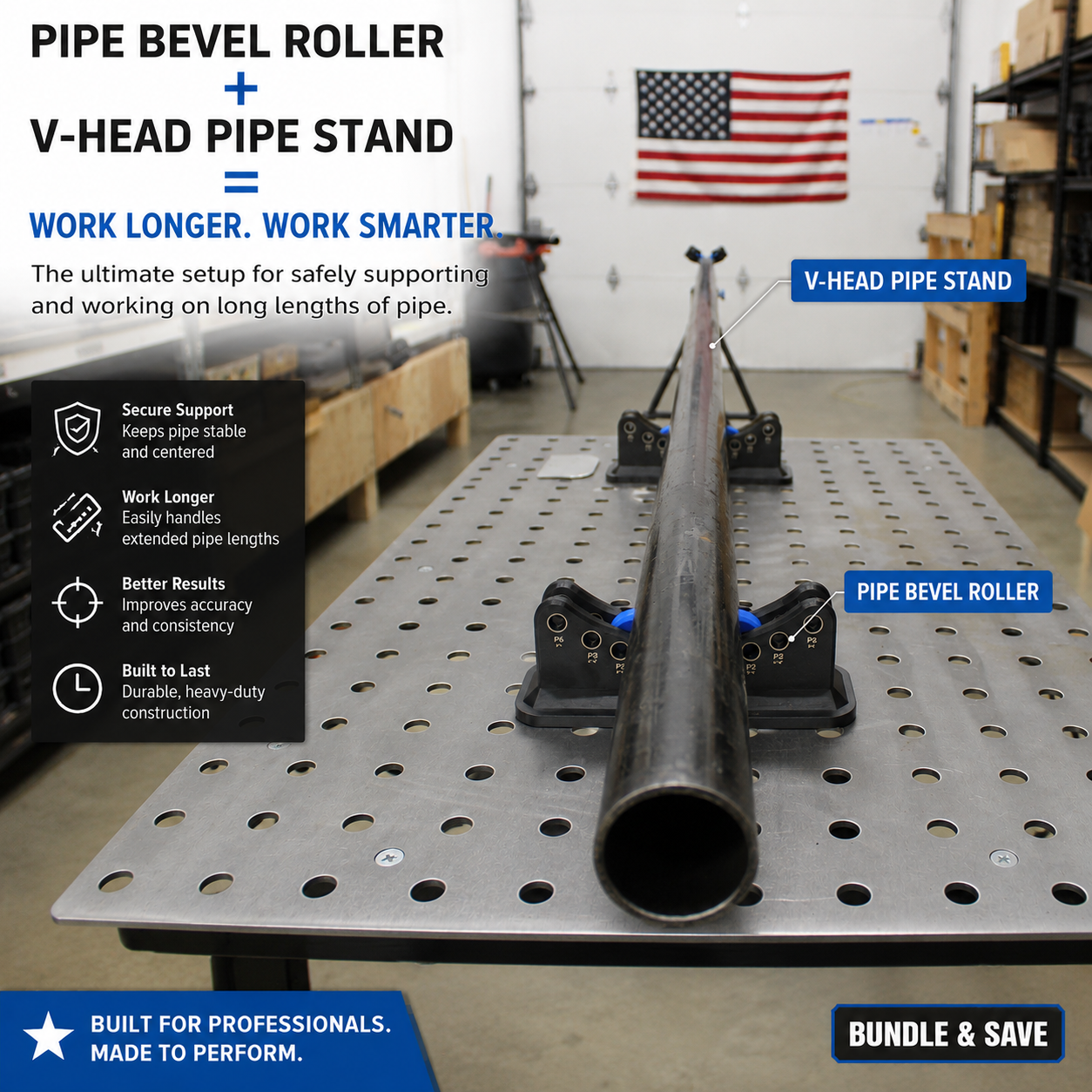 Precision Pipe Bevel Roller Bundle with V-Head Pipe Stand Roller