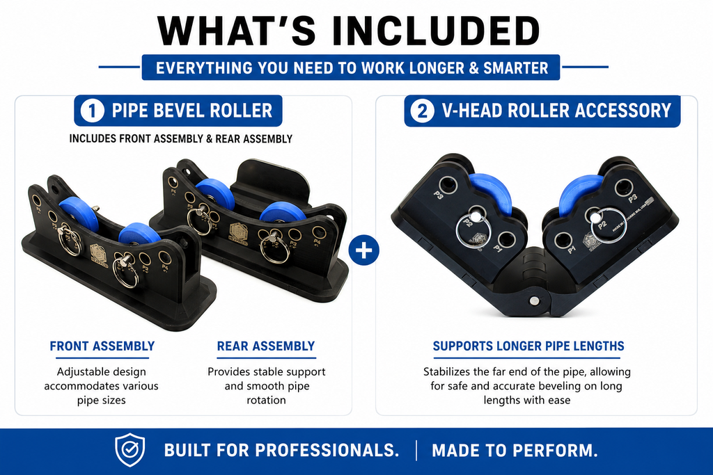 Precision Pipe Bevel Roller Bundle with V-Head Pipe Stand Roller