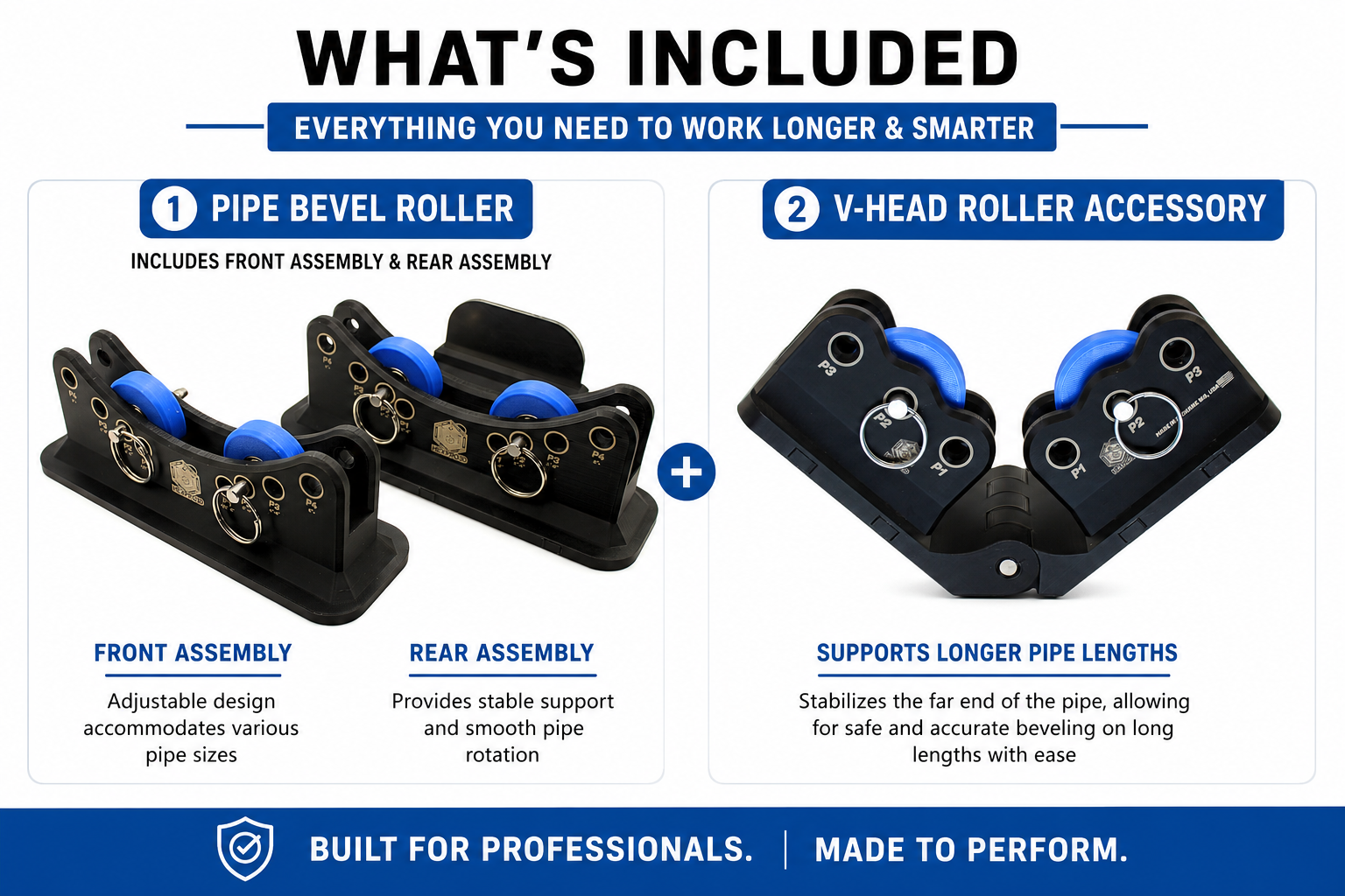 Precision Pipe Bevel Roller Bundle with V-Head Pipe Stand Roller