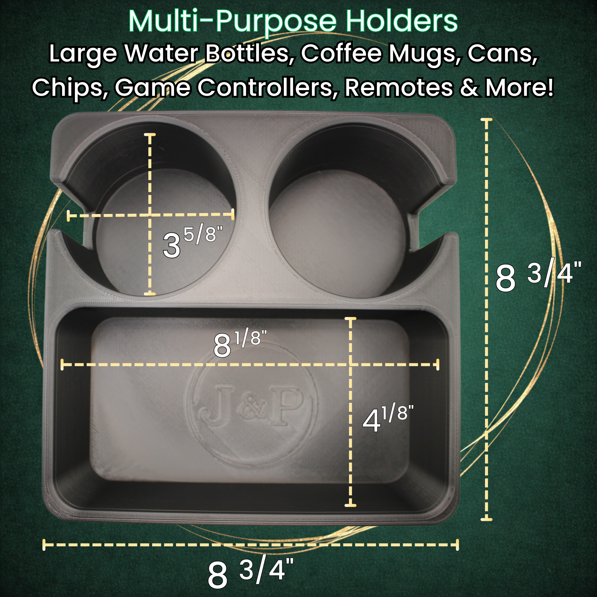 J&P Home Goods Magnetic Double Couch Cup Holder & Organizer Tray – No Spill Sofa Caddy with Cushion Insert Base – Holds Large Water Bottles, Mugs & Remotes – Includes Free Swivel Phone & Can Holder