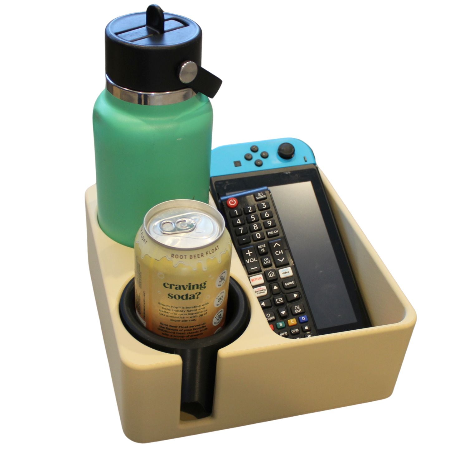 J&P Home Goods Magnetic Double Couch Cup Holder & Organizer Tray – No Spill Sofa Caddy with Cushion Insert Base – Holds Large Water Bottles, Mugs & Remotes – Includes Free Swivel Phone & Can Holder