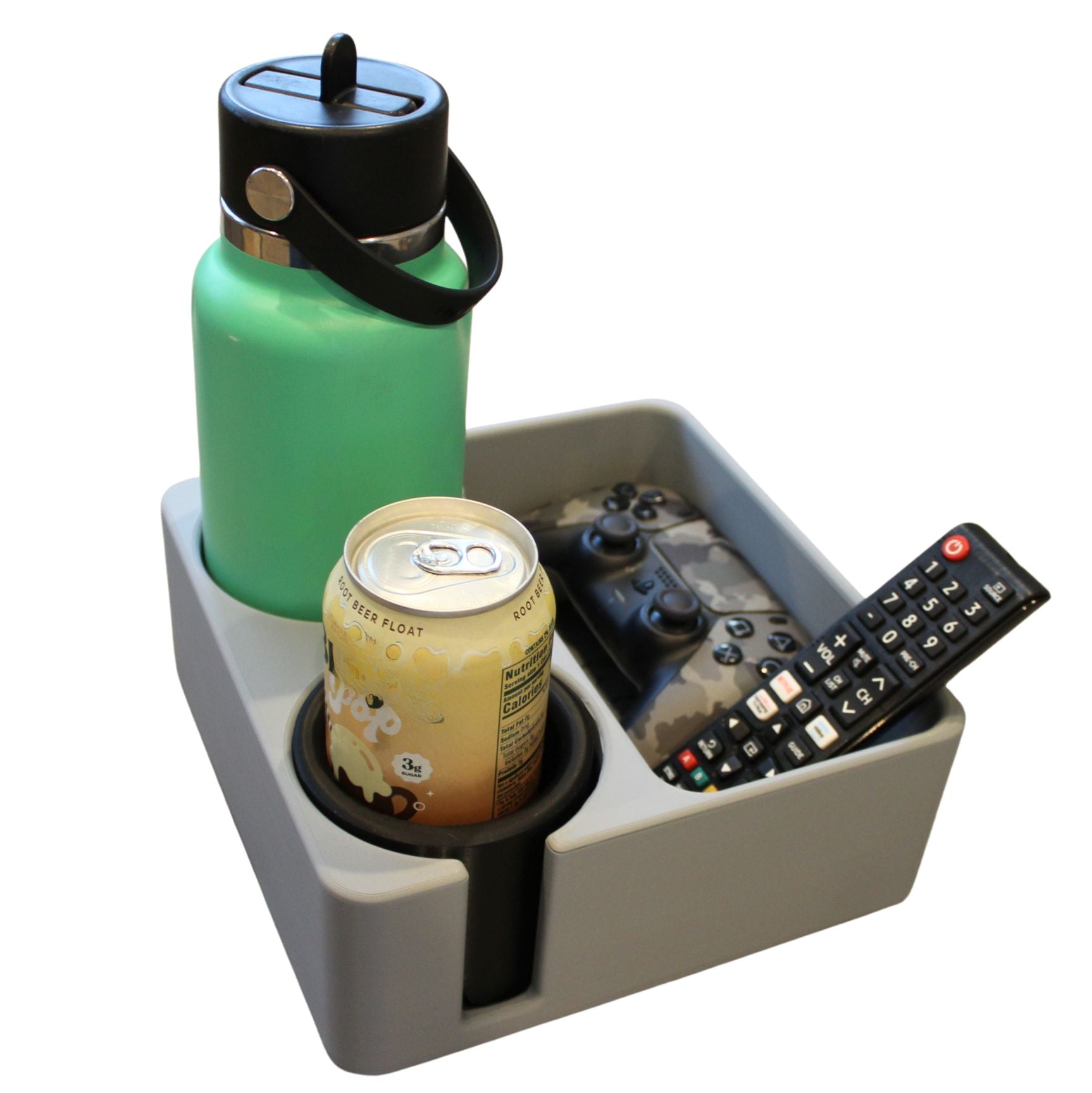 J&P Home Goods Magnetic Double Couch Cup Holder & Organizer Tray – No Spill Sofa Caddy with Cushion Insert Base – Holds Large Water Bottles, Mugs & Remotes – Includes Free Swivel Phone & Can Holder