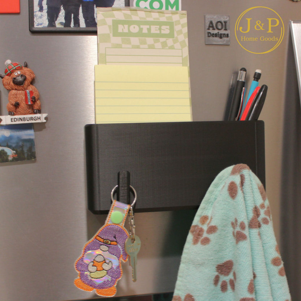 J&P Home Goods Magnetic Notepad and Pen Holder with Hooks, Fridge Organizer, Holds Notepads Large & Small, Great for Kitchen, Office or Shop!