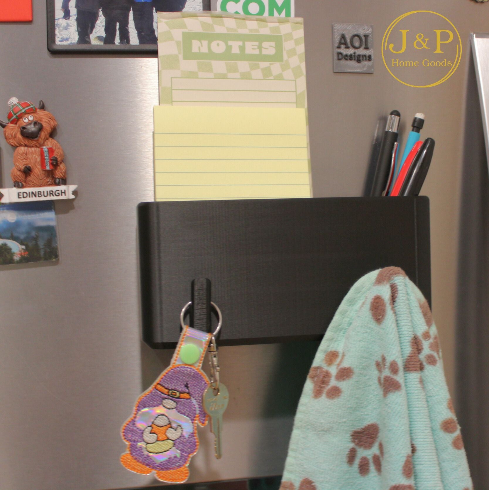 J&P Home Goods Magnetic Notepad and Pen Holder with Hooks, Fridge Organizer, Holds Notepads Large & Small, Great for Kitchen, Office or Shop!