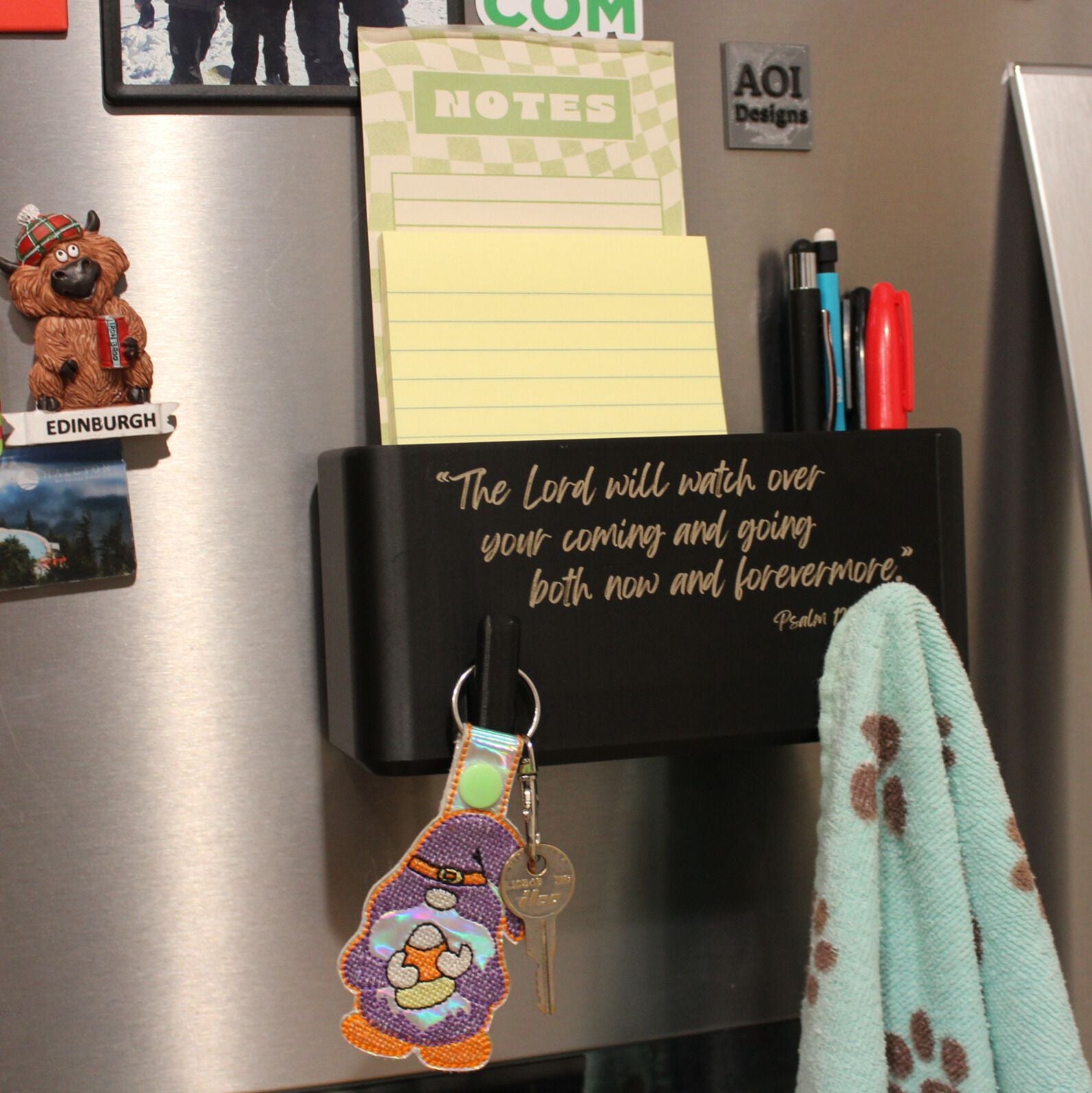 J&P Home Goods - Magnetic Notepad Holder with Bible Verse Psalm 121:8 | Christian Gift | Fridge Organizer | Faith Decor | Kitchen Organizer with Hooks