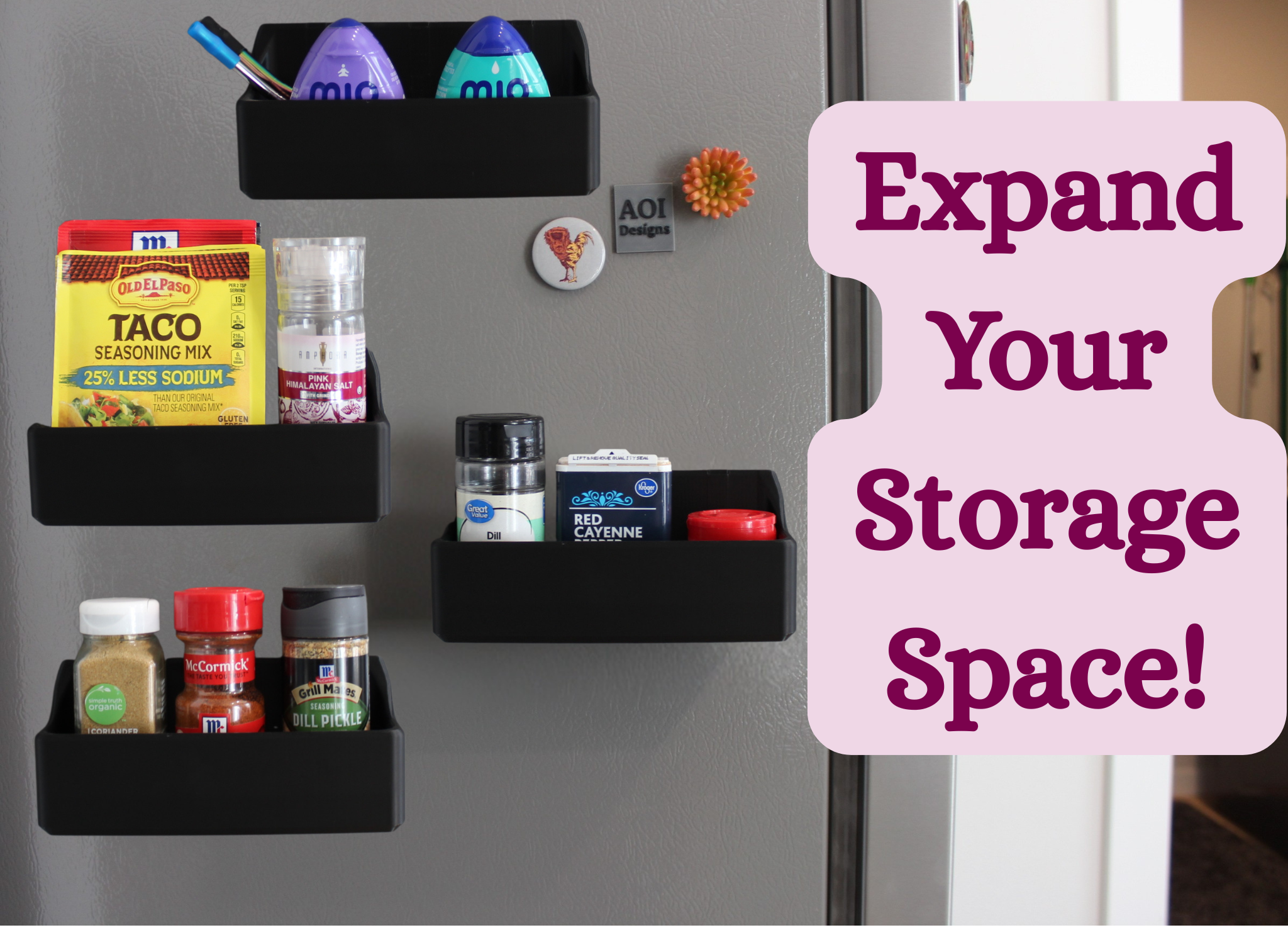 Magnetic Spice Rack for Refrigerator – 3 Bottle Storage Organizer, Strong Magnet Kitchen Shelf for Fridge, Holds Spices, Packets, Straws & Drink Mixes – Space Saving Organizer