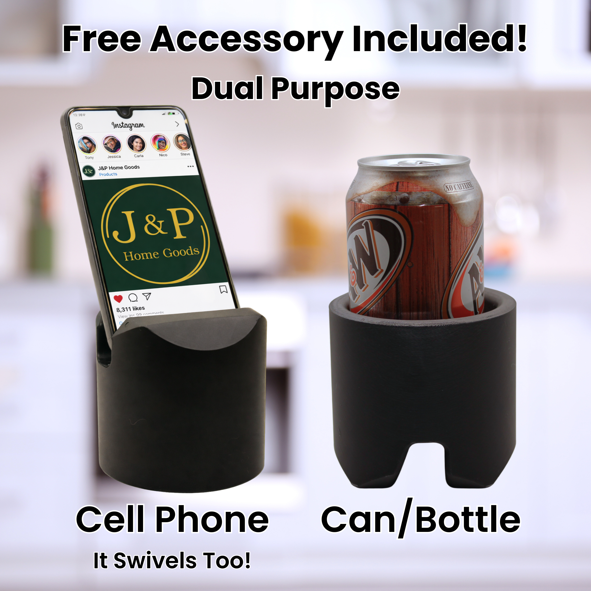J&P Home Goods Magnetic Single Couch Cup Holder & Sofa Organizer – No Spill Couch Caddy with Cushion Insert Base – Fits Large Water Bottles & Mugs – Includes Free Swivel Phone & Can Holder