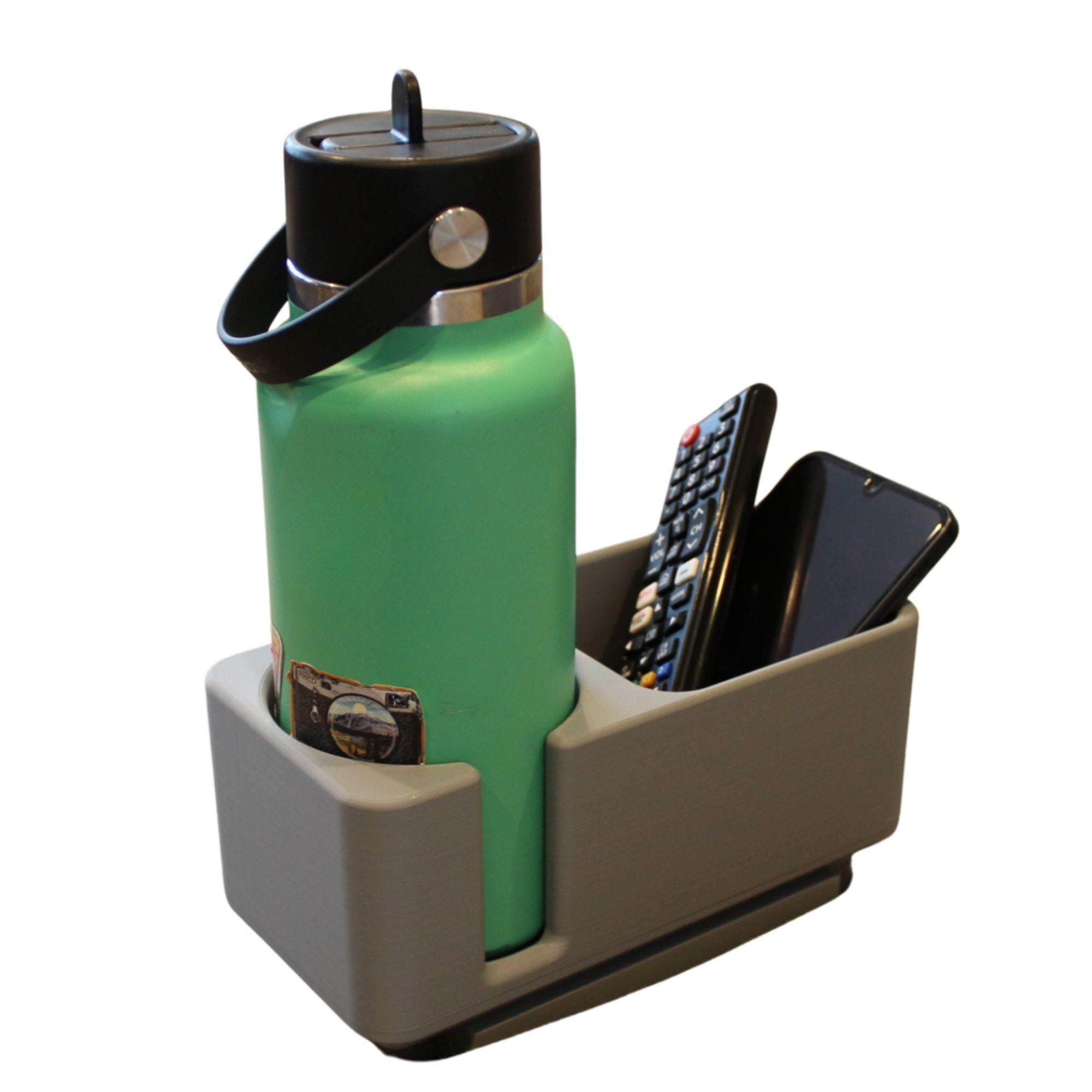 J&P Home Goods Magnetic Single Couch Cup Holder & Sofa Organizer – No Spill Couch Caddy with Cushion Insert Base – Fits Large Water Bottles & Mugs – Includes Free Swivel Phone & Can Holder