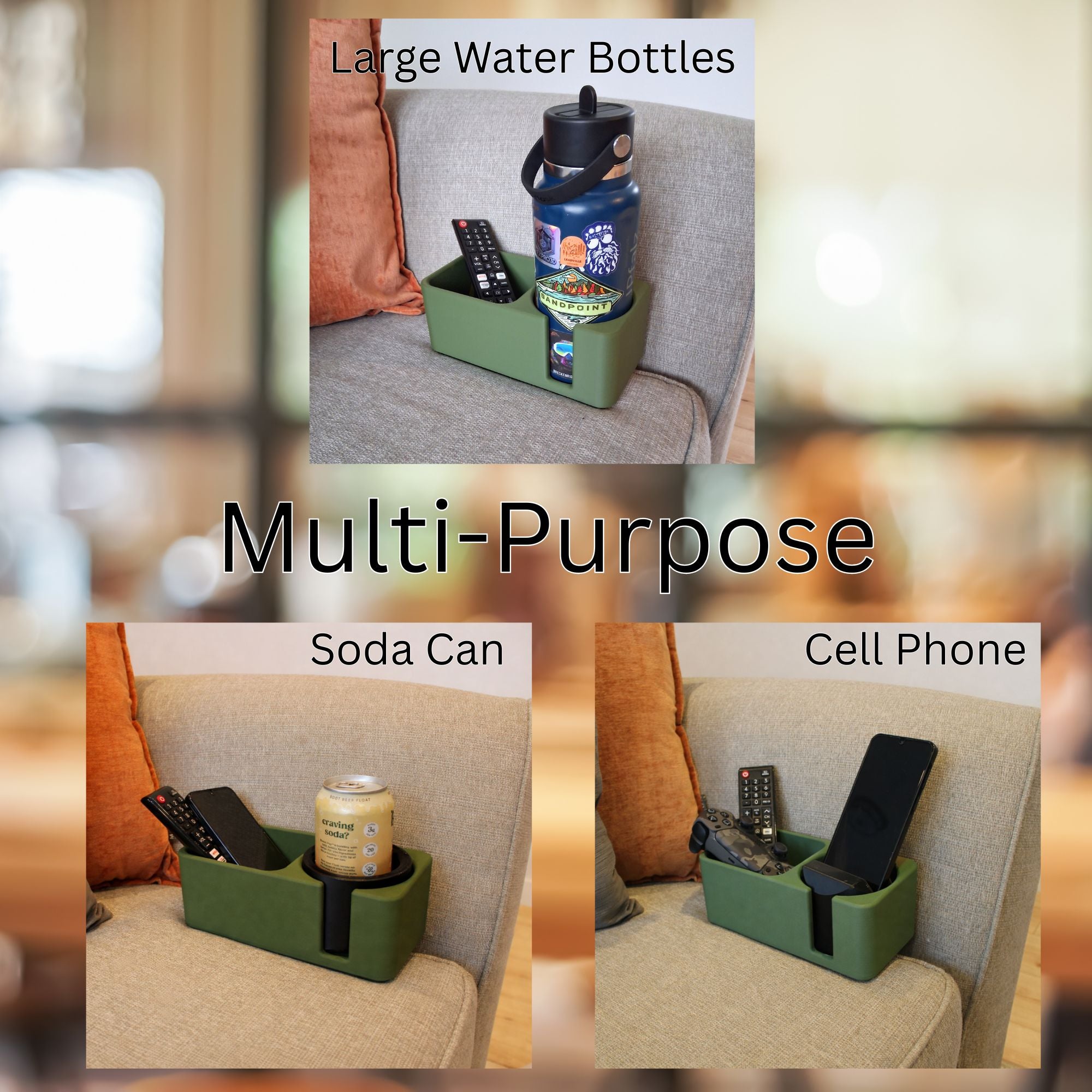 J&P Home Goods Magnetic Single Couch Cup Holder & Sofa Organizer – No Spill Couch Caddy with Cushion Insert Base – Fits Large Water Bottles & Mugs – Includes Free Swivel Phone & Can Holder