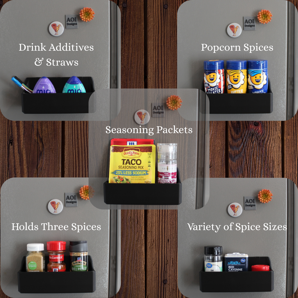 Magnetic Spice Rack for Refrigerator – 3 Bottle Storage Organizer, Strong Magnet Kitchen Shelf for Fridge, Holds Spices, Packets, Straws & Drink Mixes – Space Saving Organizer