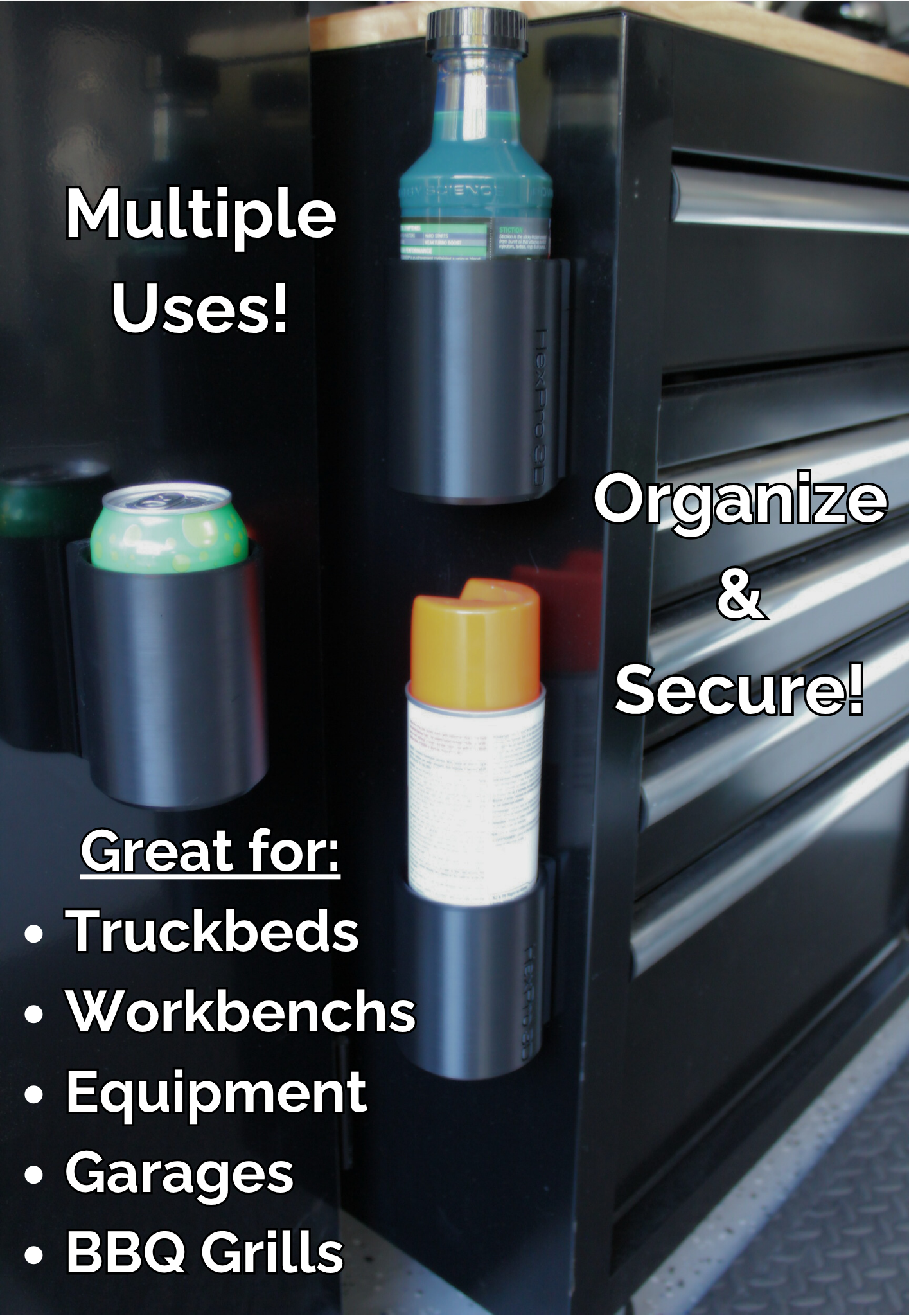 Magnetic Spray Can Holder for Spray Paint, Soda Cans, and Bottles, Fits Tall & Short Cans. Great for Truckbeds, Workbench or Heavy-Equipment