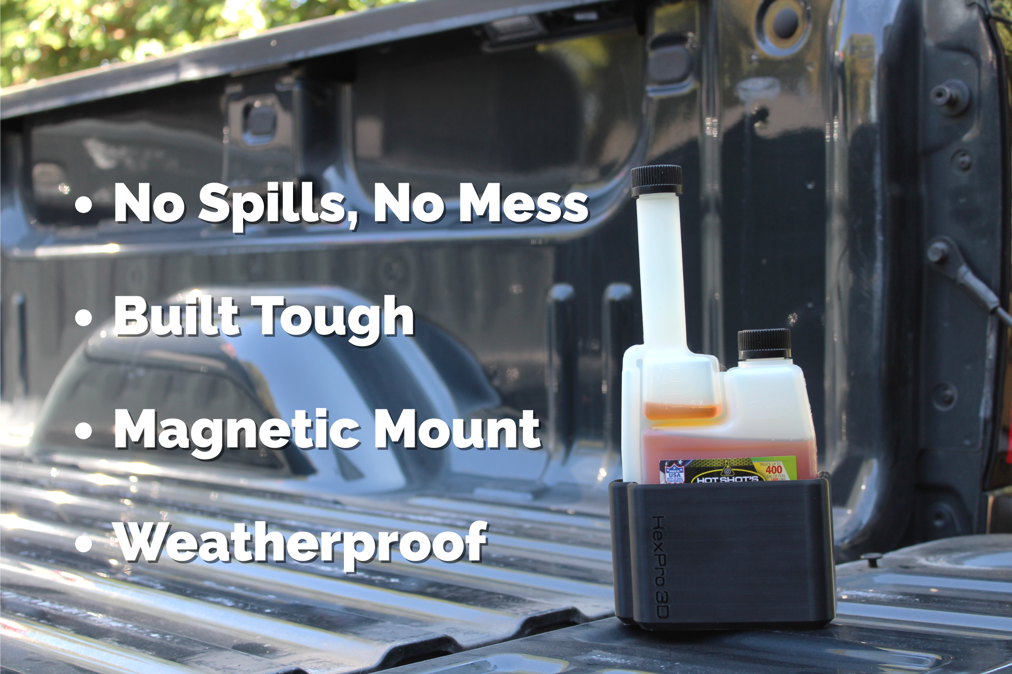 HexPro3D DieselDock Container with a magnetic mount on a vehicle's bed, featuring text about features.