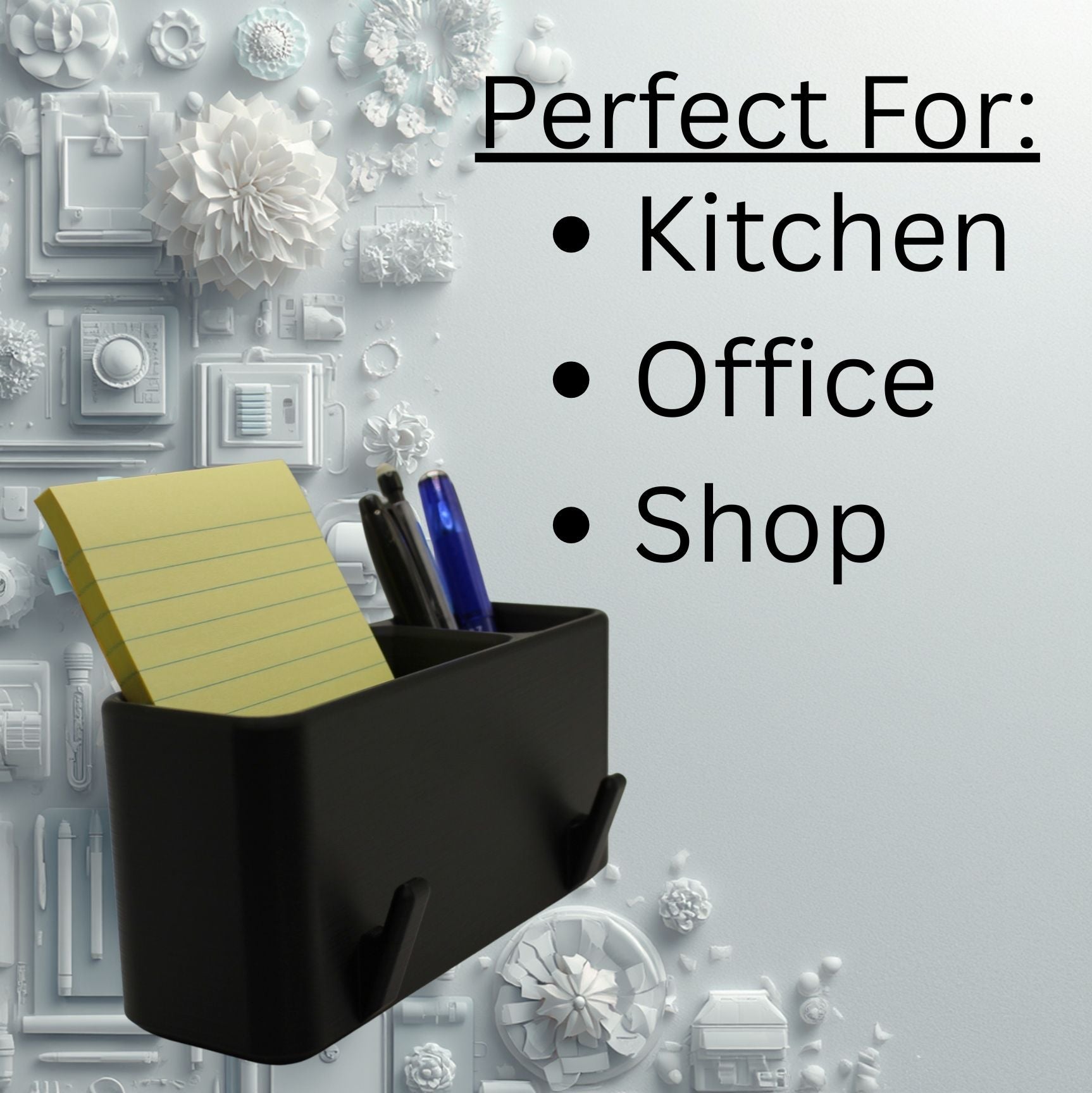 J&P Home Goods Magnetic Notepad and Pen Holder with Hooks, Fridge Organizer, Holds Notepads Large & Small, Great for Kitchen, Office or Shop!