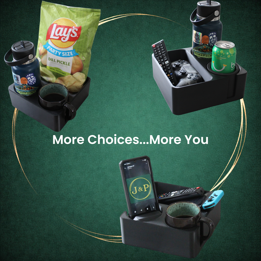 J&P Home Goods Magnetic Double Couch Cup Holder & Organizer Tray – No Spill Sofa Caddy with Cushion Insert Base – Holds Large Water Bottles, Mugs & Remotes – Includes Free Swivel Phone & Can Holder