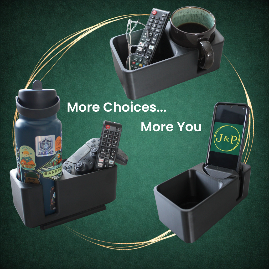 J&P Home Goods Magnetic Single Couch Cup Holder & Sofa Organizer – No Spill Couch Caddy with Cushion Insert Base – Fits Large Water Bottles & Mugs – Includes Free Swivel Phone & Can Holder