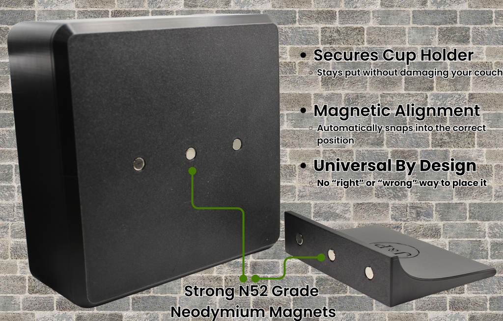 J&P Home Goods Magnetic Double Couch Cup Holder & Organizer Tray – No Spill Sofa Caddy with Cushion Insert Base – Holds Large Water Bottles, Mugs & Remotes – Includes Free Swivel Phone & Can Holder