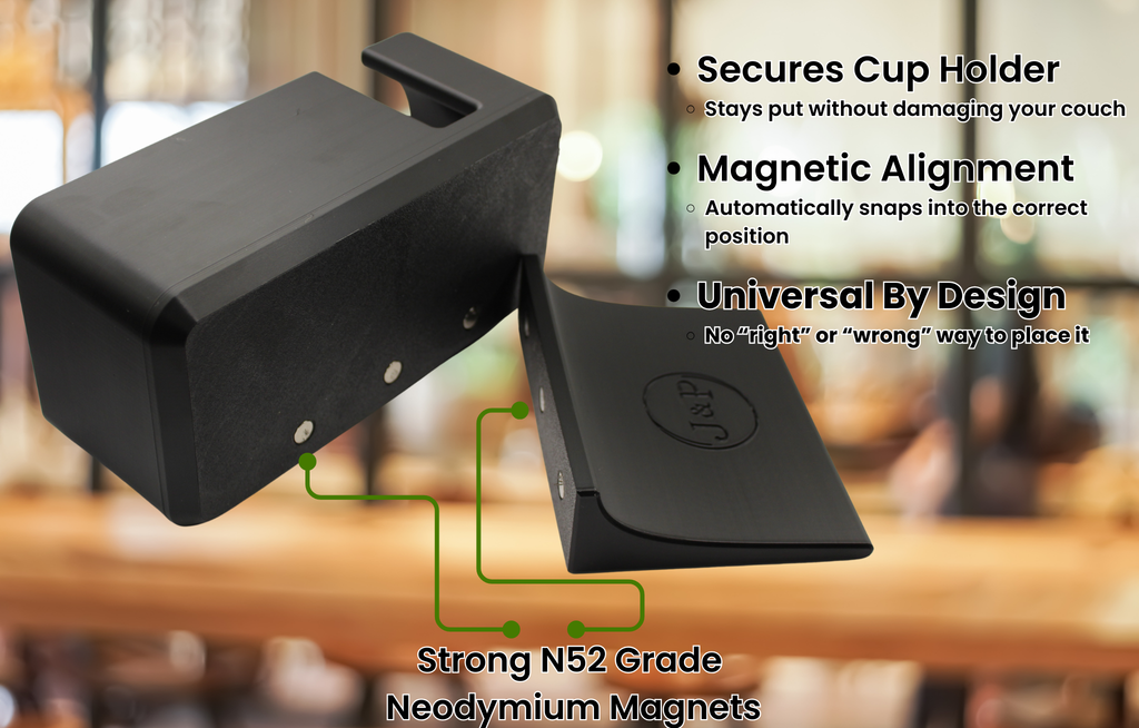 J&P Home Goods Magnetic Single Couch Cup Holder & Sofa Organizer – No Spill Couch Caddy with Cushion Insert Base – Fits Large Water Bottles & Mugs – Includes Free Swivel Phone & Can Holder