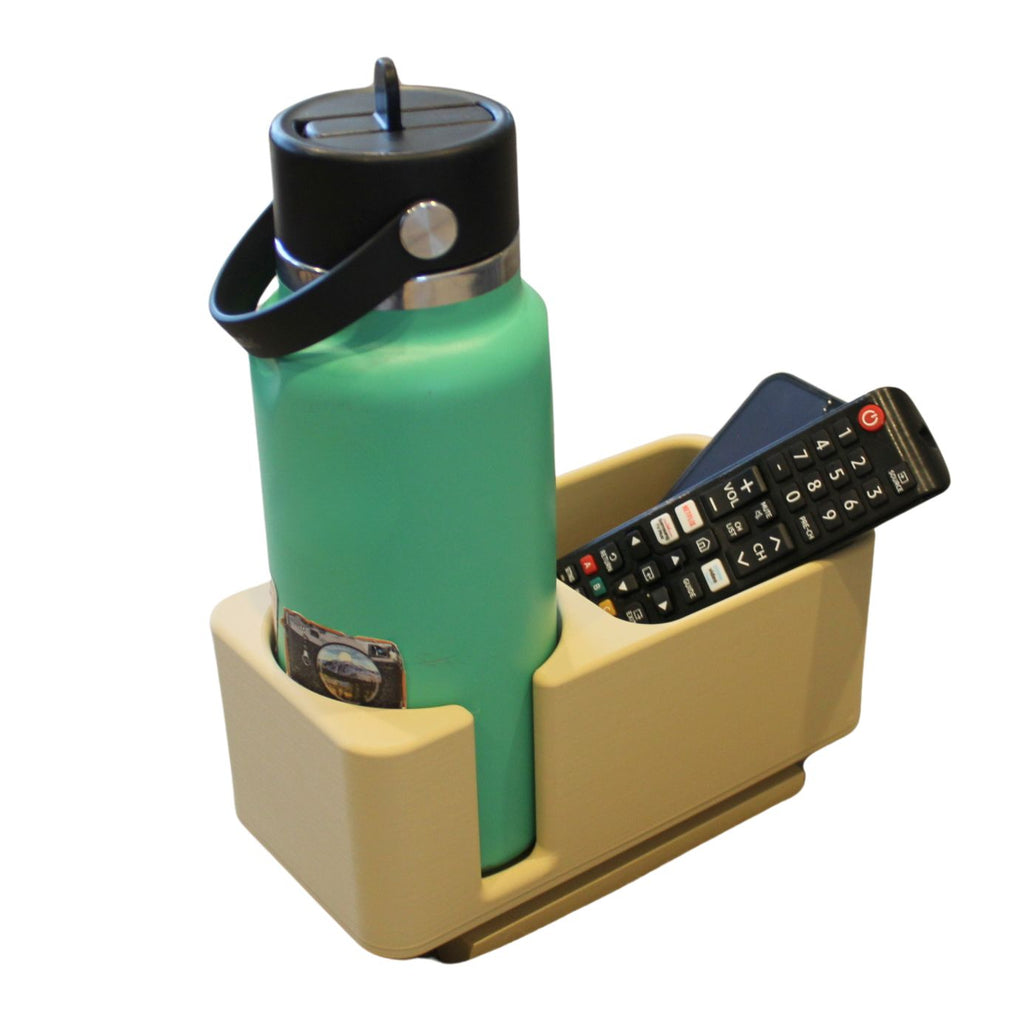 J&P Home Goods Magnetic Single Couch Cup Holder & Sofa Organizer – No Spill Couch Caddy with Cushion Insert Base – Fits Large Water Bottles & Mugs – Includes Free Swivel Phone & Can Holder