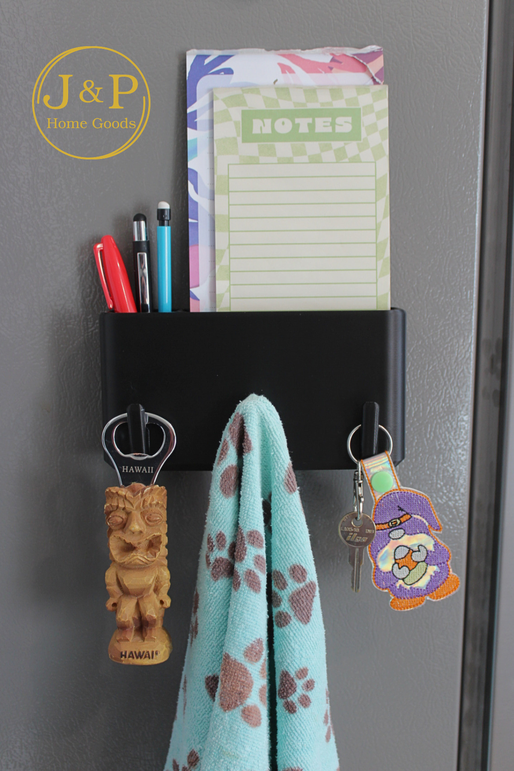 J&P Home Goods Magnetic Notepad and Pen Holder with Hooks, Fridge Organizer, Holds Notepads Large & Small, Great for Kitchen, Office or Shop!