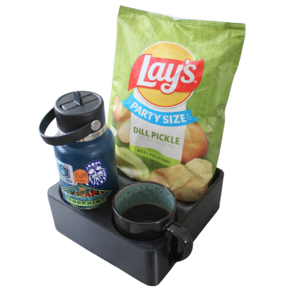 J&P Home Goods Magnetic Double Couch Cup Holder & Organizer Tray – No Spill Sofa Caddy with Cushion Insert Base – Holds Large Water Bottles, Mugs & Remotes – Includes Free Swivel Phone & Can Holder