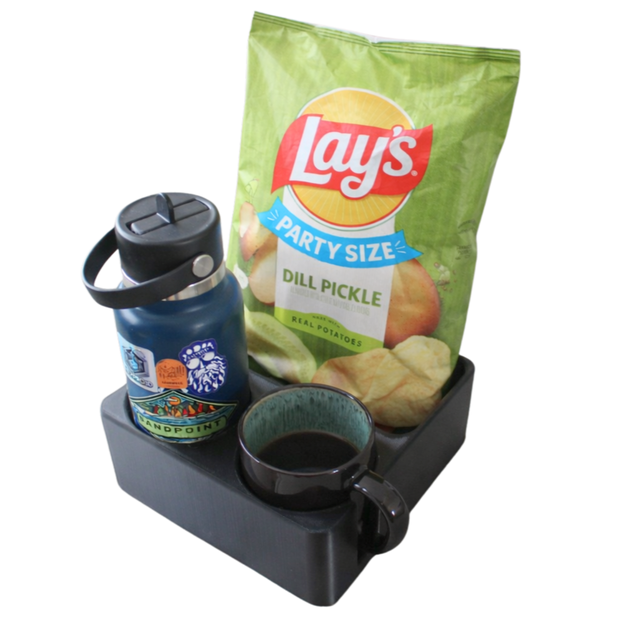 J&P Home Goods Magnetic Double Couch Cup Holder & Organizer Tray – No Spill Sofa Caddy with Cushion Insert Base – Holds Large Water Bottles, Mugs & Remotes – Includes Free Swivel Phone & Can Holder