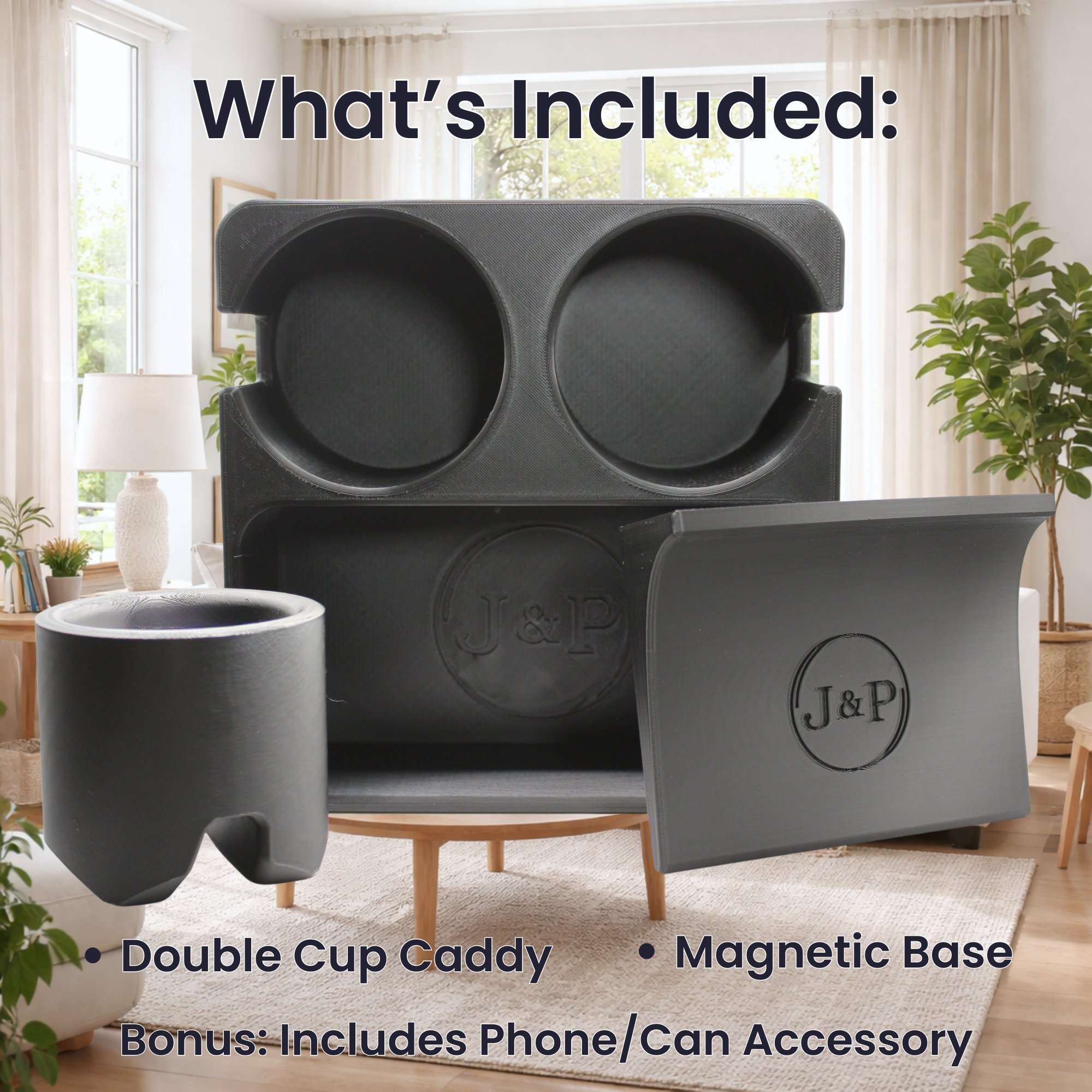 J&P Home Goods Magnetic Double Couch Cup Holder & Organizer Tray – No Spill Sofa Caddy with Cushion Insert Base – Holds Large Water Bottles, Mugs & Remotes – Includes Free Swivel Phone & Can Holder