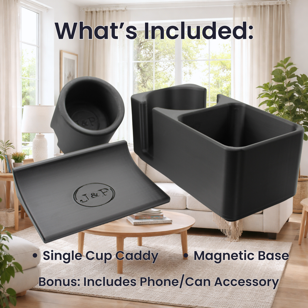 J&P Home Goods Magnetic Single Couch Cup Holder & Sofa Organizer – No Spill Couch Caddy with Cushion Insert Base – Fits Large Water Bottles & Mugs – Includes Free Swivel Phone & Can Holder