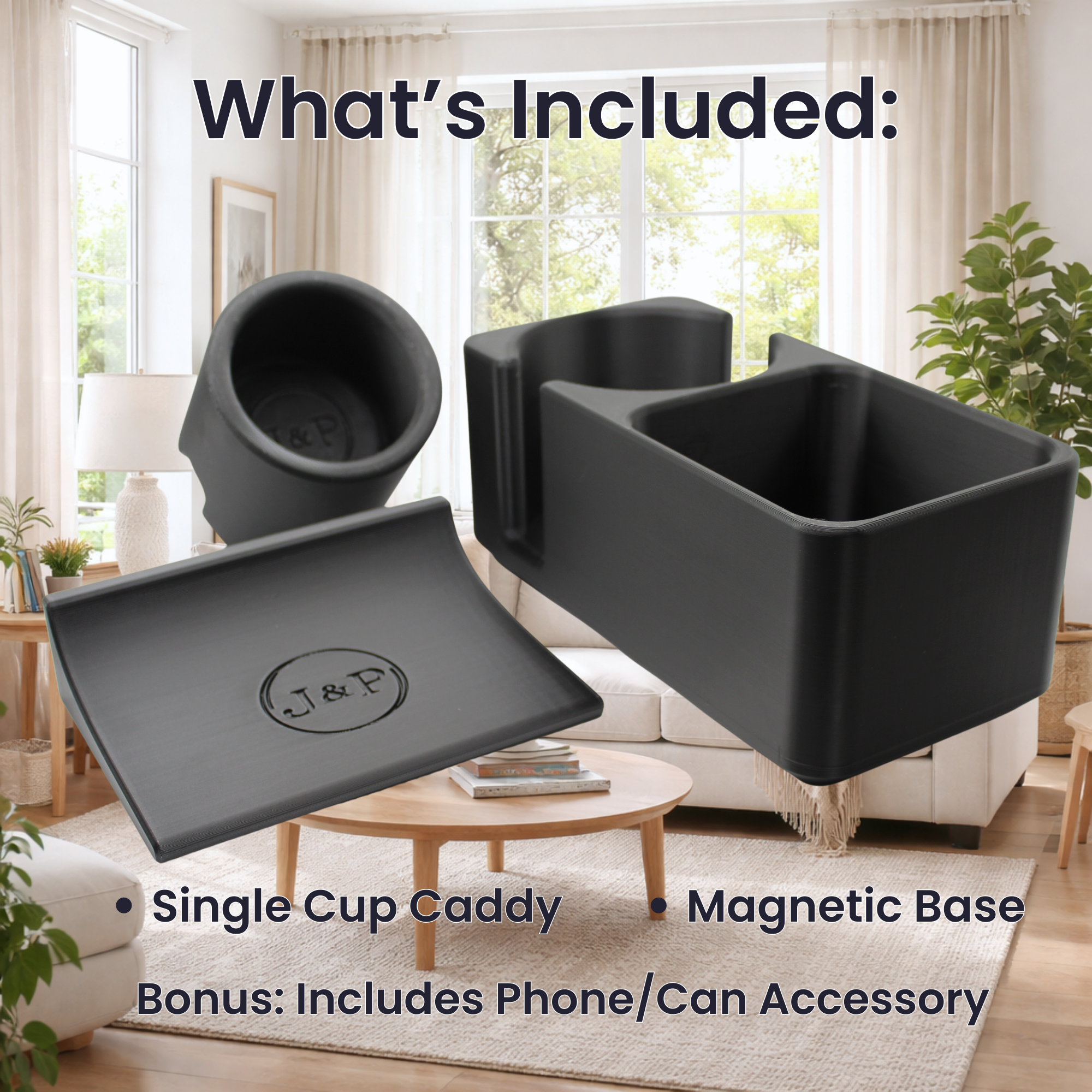 J&P Home Goods Magnetic Single Couch Cup Holder & Sofa Organizer – No Spill Couch Caddy with Cushion Insert Base – Fits Large Water Bottles & Mugs – Includes Free Swivel Phone & Can Holder