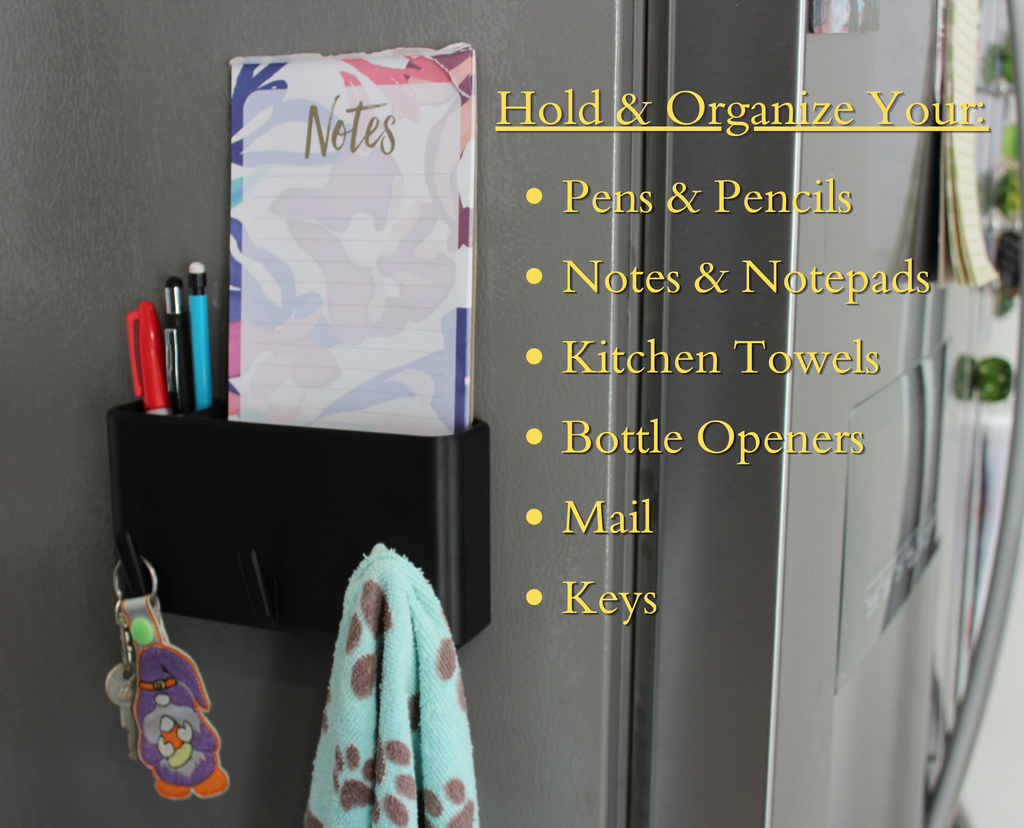 J&P Home Goods Magnetic Notepad and Pen Holder with Hooks, Fridge Organizer, Holds Notepads Large & Small, Great for Kitchen, Office or Shop!