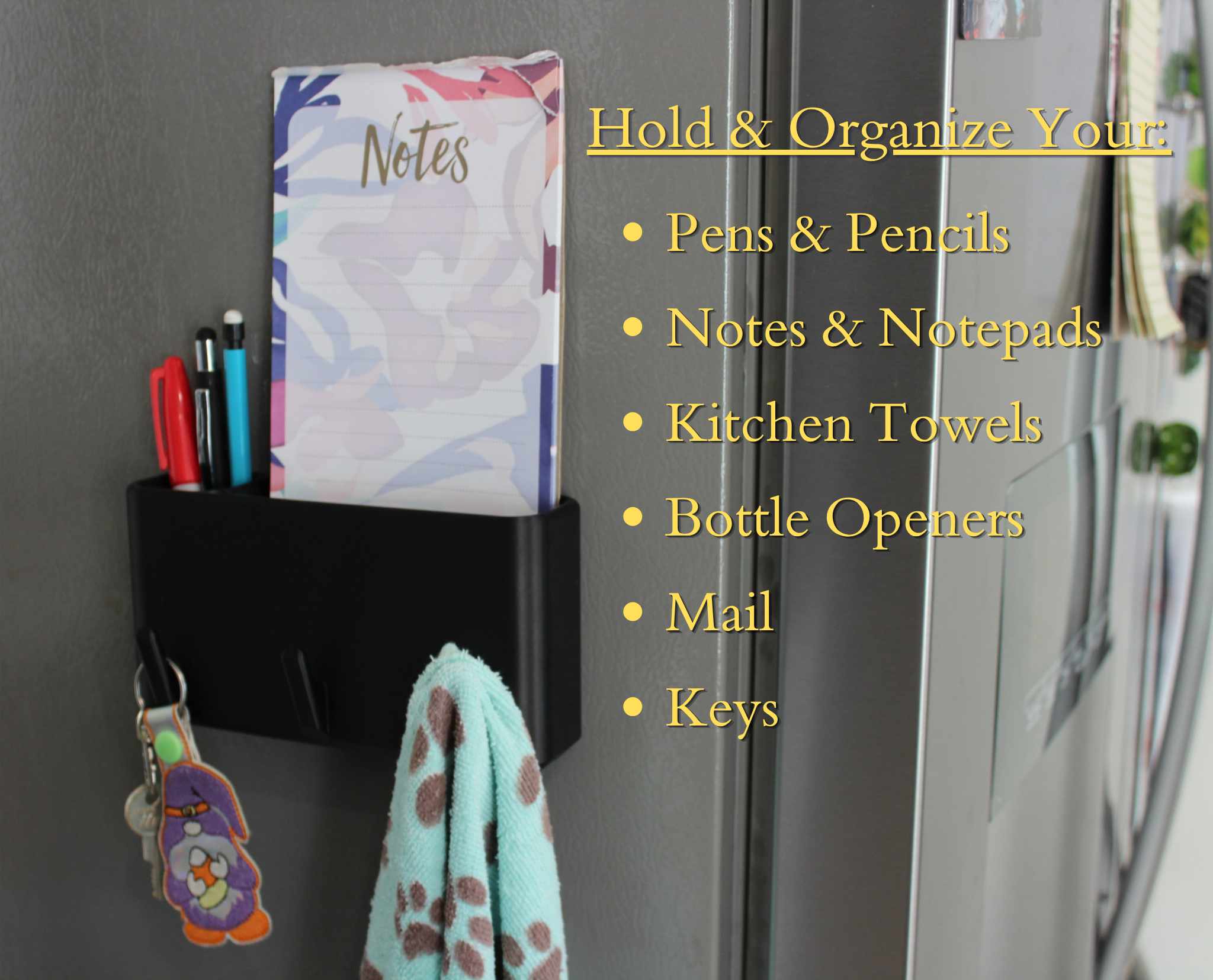 J&P Home Goods Magnetic Notepad and Pen Holder with Hooks, Fridge Organizer, Holds Notepads Large & Small, Great for Kitchen, Office or Shop!