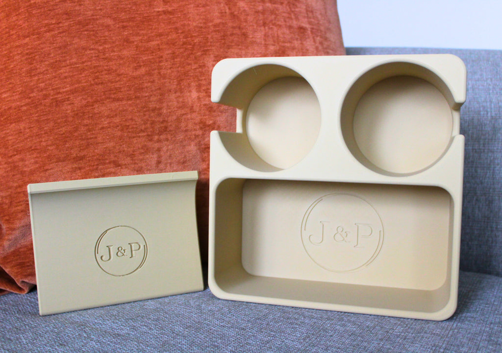 J&P Home Goods Magnetic Double Couch Cup Holder & Organizer Tray – No Spill Sofa Caddy with Cushion Insert Base – Holds Large Water Bottles, Mugs & Remotes – Includes Free Swivel Phone & Can Holder