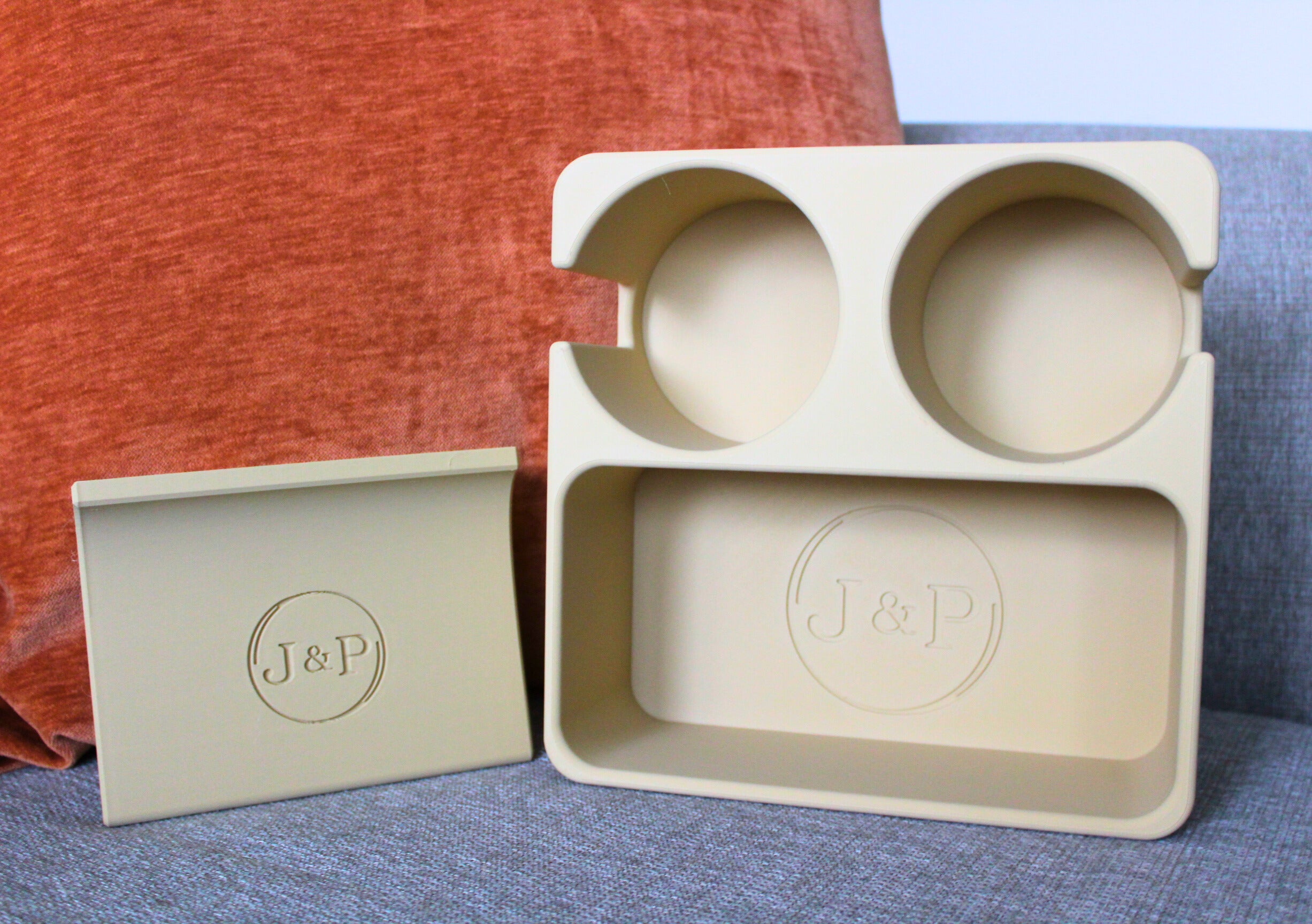 J&P Home Goods Magnetic Double Couch Cup Holder & Organizer Tray – No Spill Sofa Caddy with Cushion Insert Base – Holds Large Water Bottles, Mugs & Remotes – Includes Free Swivel Phone & Can Holder