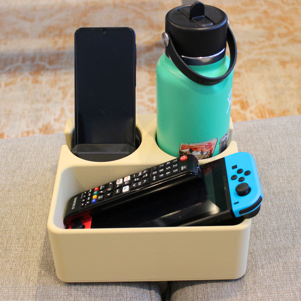 J&P Home Goods Magnetic Double Couch Cup Holder & Organizer Tray – No Spill Sofa Caddy with Cushion Insert Base – Holds Large Water Bottles, Mugs & Remotes – Includes Free Swivel Phone & Can Holder